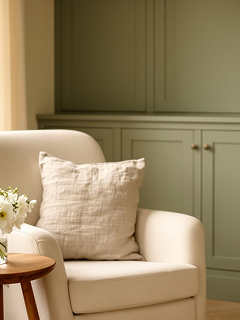 calm sage interior office with cream chair